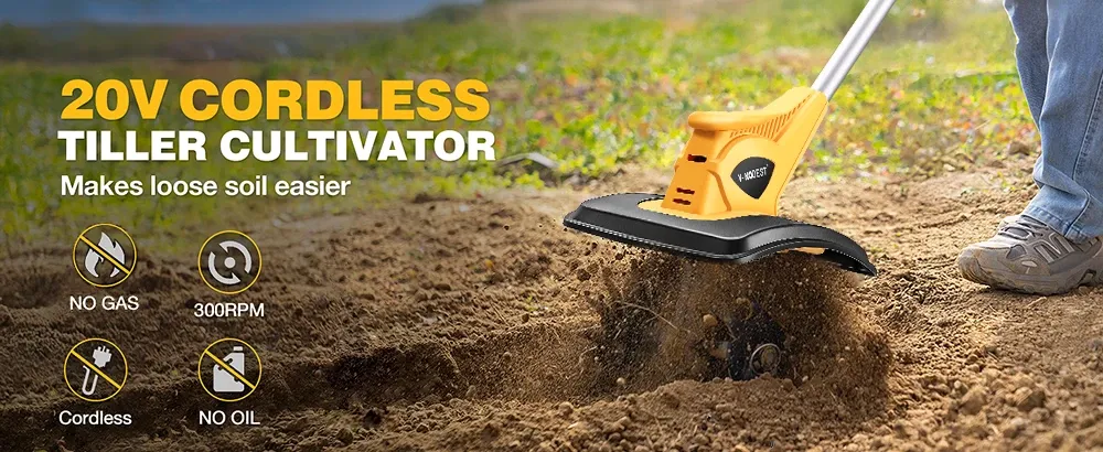 Cordless tiller cultivator loosening dry soil in a garden bed, with a person standing nearby and promotional text highlighting 20V cordless power, no gas, 300RPM, and no oil.